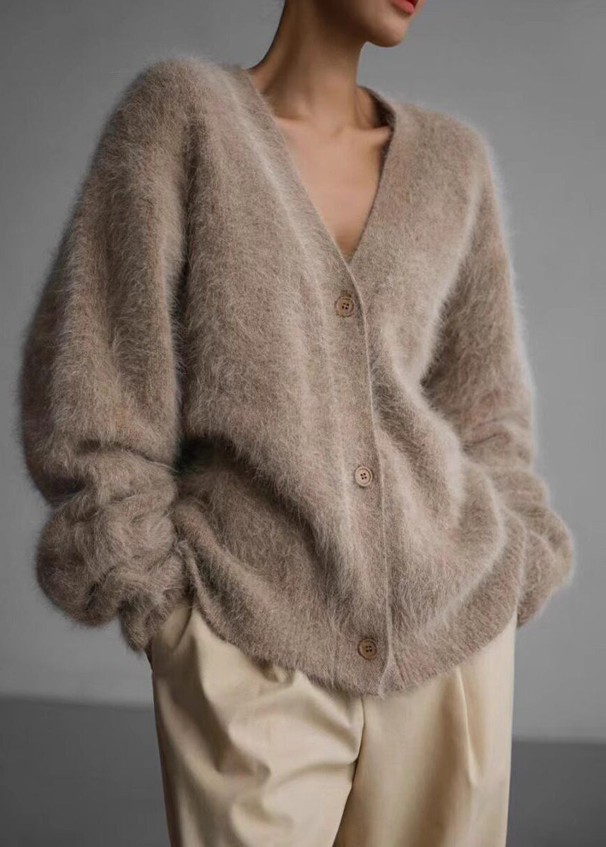 Loose Khaki V Neck Faux Mink Hair Knitted Cardigans Long sleeve