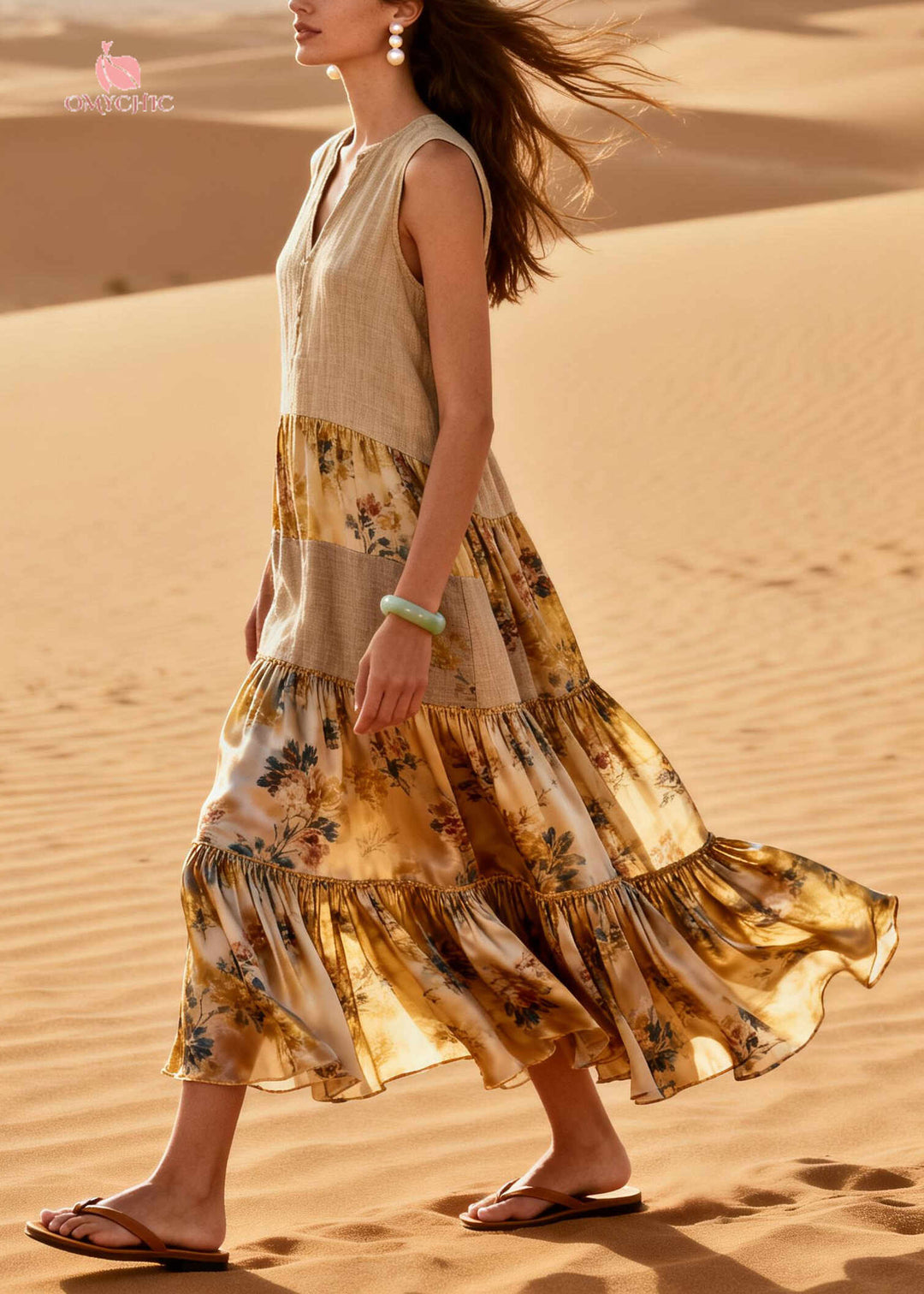 Loose Khaki V Neck Patchwork Linen Silk Maxi Dresses Summer
