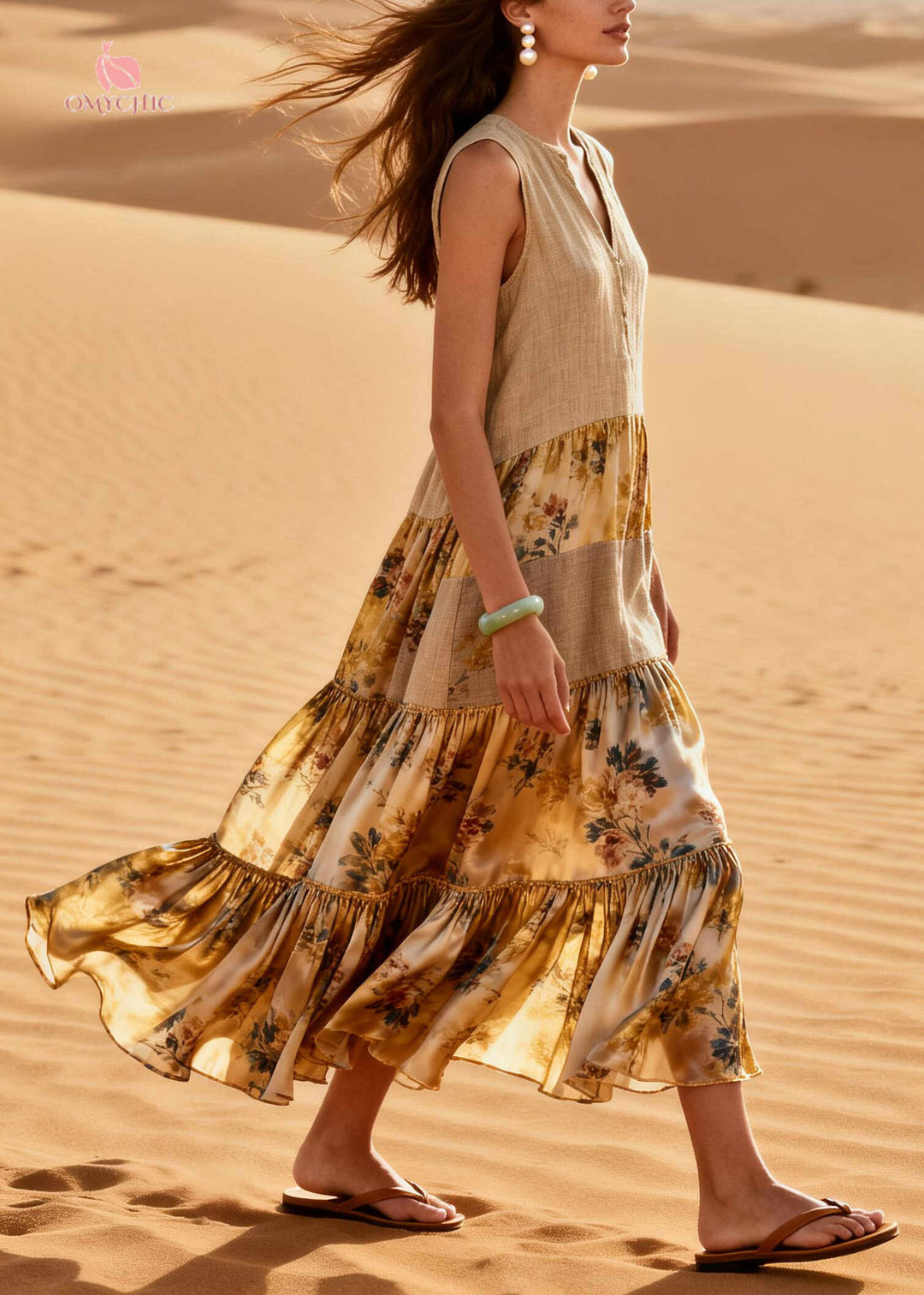 Loose Khaki V Neck Patchwork Linen Silk Maxi Dresses Summer