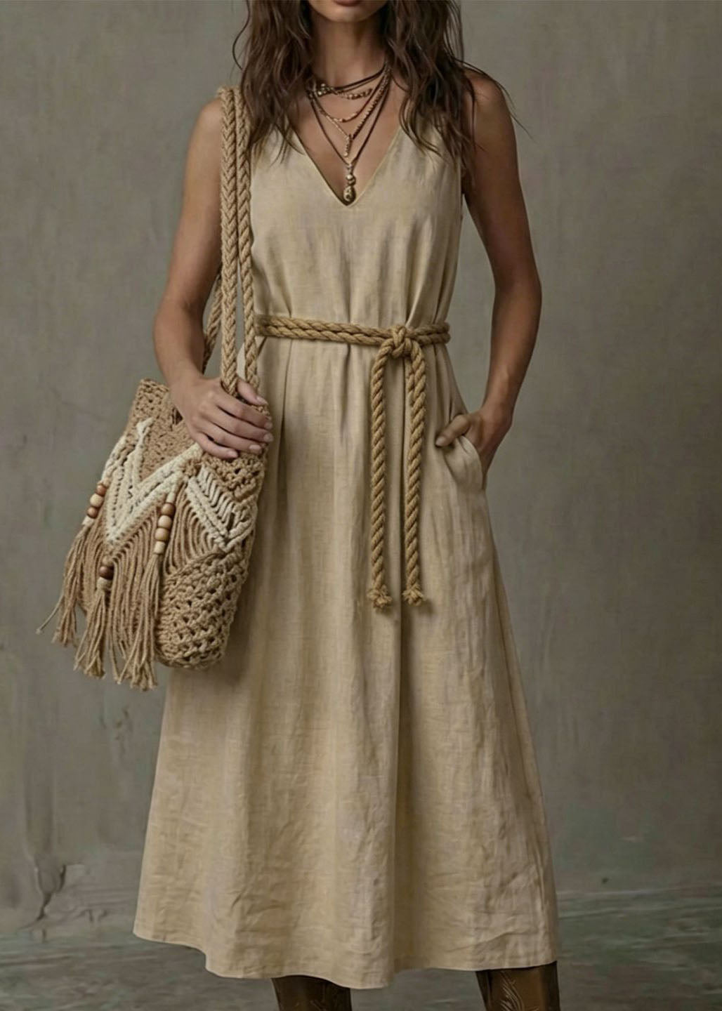 Loose Khaki V Neck Pockets Patchwork Cotton Dress Sleeveless
