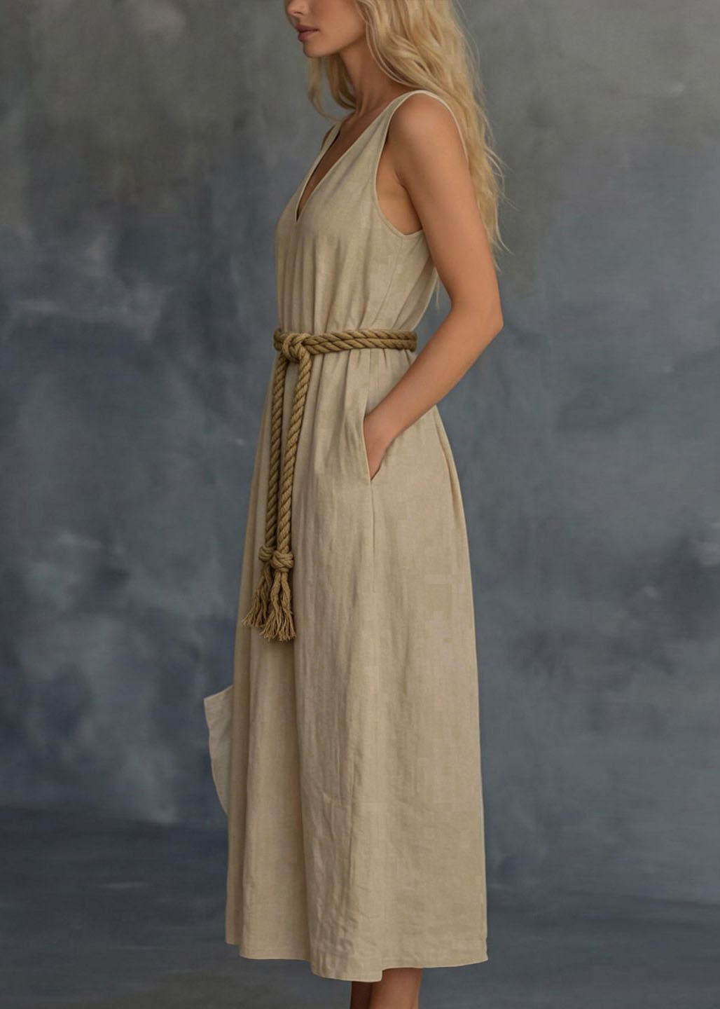Loose Khaki V Neck Pockets Patchwork Cotton Dress Sleeveless
