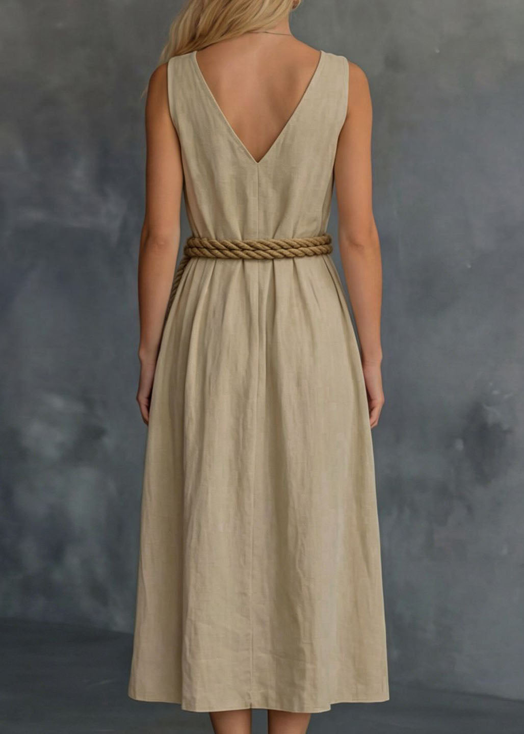 Loose Khaki V Neck Pockets Patchwork Cotton Dress Sleeveless