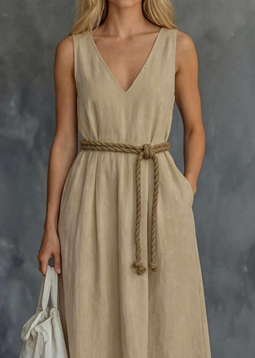 Loose Khaki V Neck Pockets Patchwork Cotton Dress Sleeveless