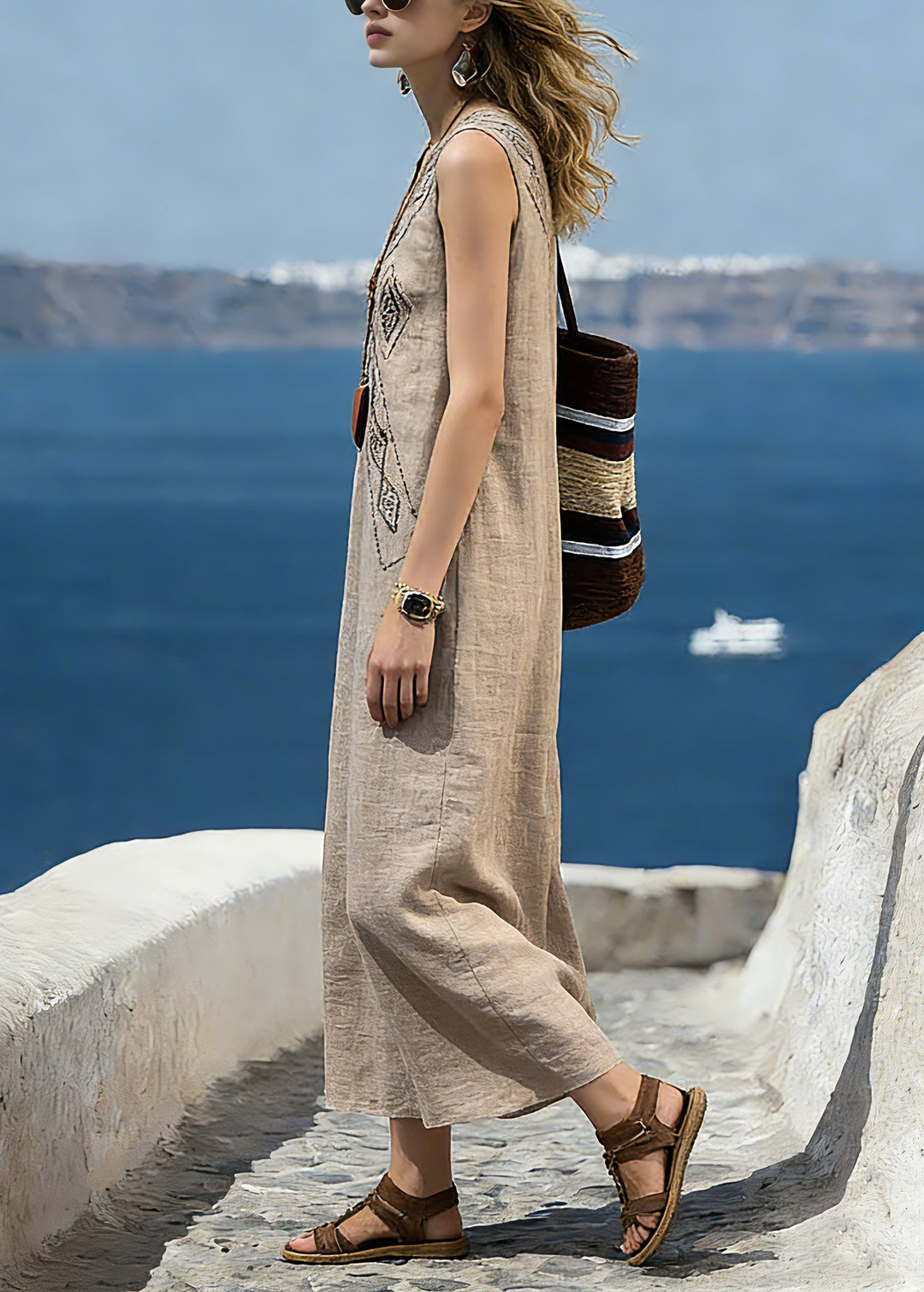 Loose Khaki V Neck Print Long Dress Summer