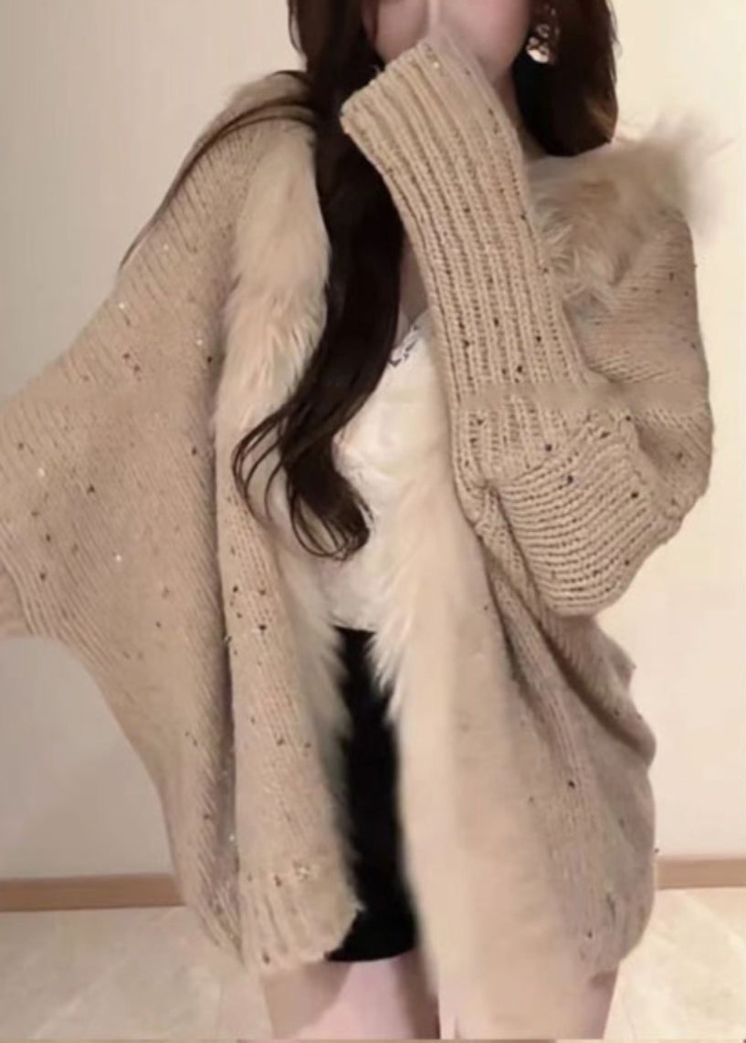 Loose Khaki V Neck Sequins Patchwork Knit Cardigan Batwing Sleeve