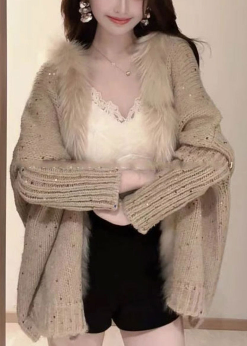 Loose Khaki V Neck Sequins Patchwork Knit Cardigan Batwing Sleeve