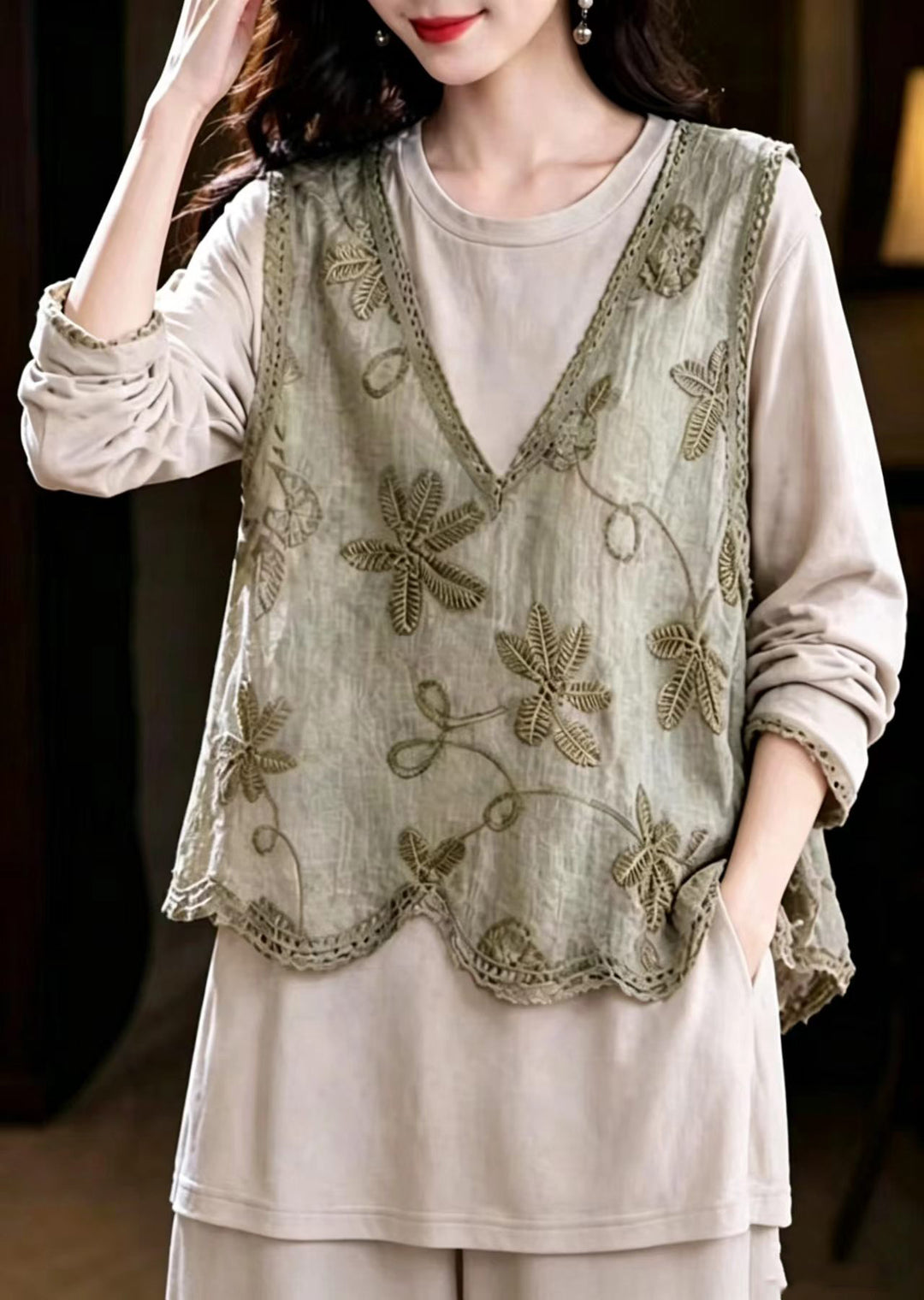Loose Khaki V Neck Waistcoat Patchwork Fake Two-Piece Blouse Top Fall
