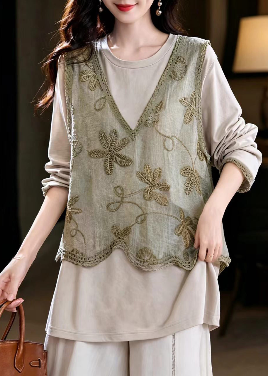 Loose Khaki V Neck Waistcoat Patchwork Fake Two-Piece Blouse Top Fall