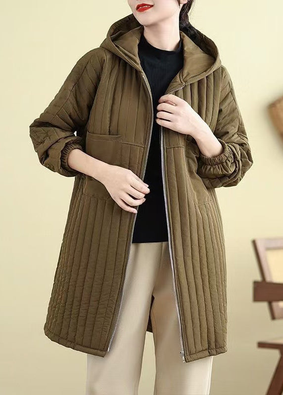 Loose Khaki Zip Up Pockets Hooded Fine Cotton Filled Parka Fall