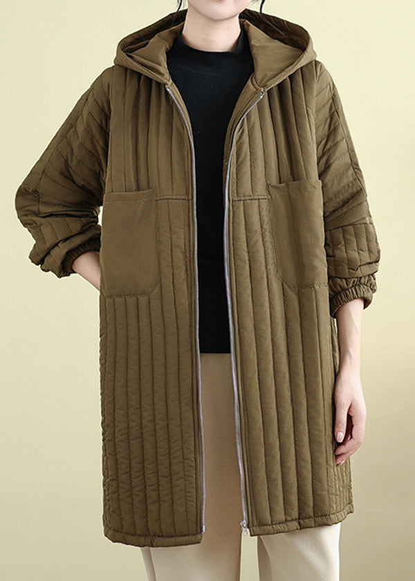 Loose Khaki Zip Up Pockets Hooded Fine Cotton Filled Parka Fall