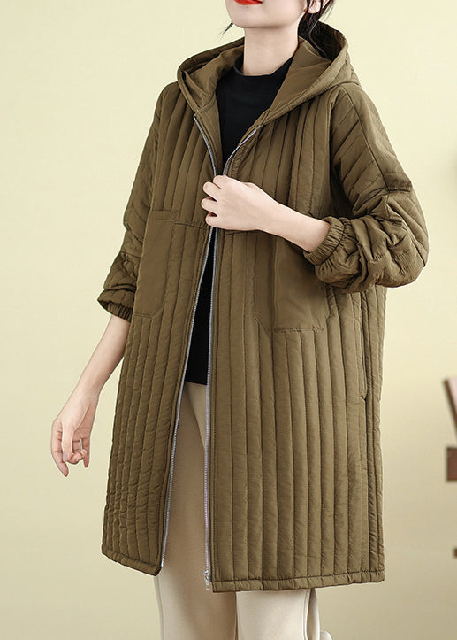 Loose Khaki Zip Up Pockets Hooded Fine Cotton Filled Parka Fall
