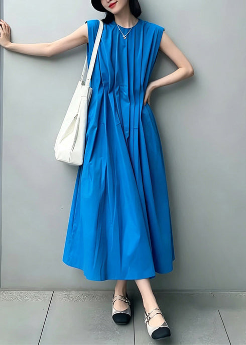 Loose Klein Blue O-Neck Wrinkled Cotton Maxi Dresses Sleeveless