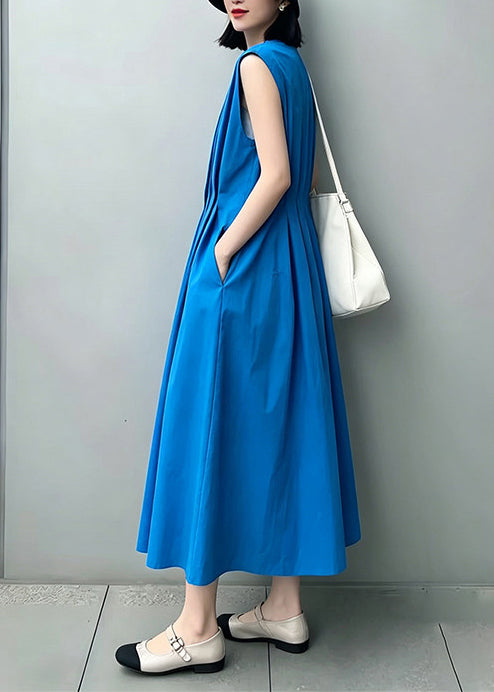 Loose Klein Blue O-Neck Wrinkled Cotton Maxi Dresses Sleeveless