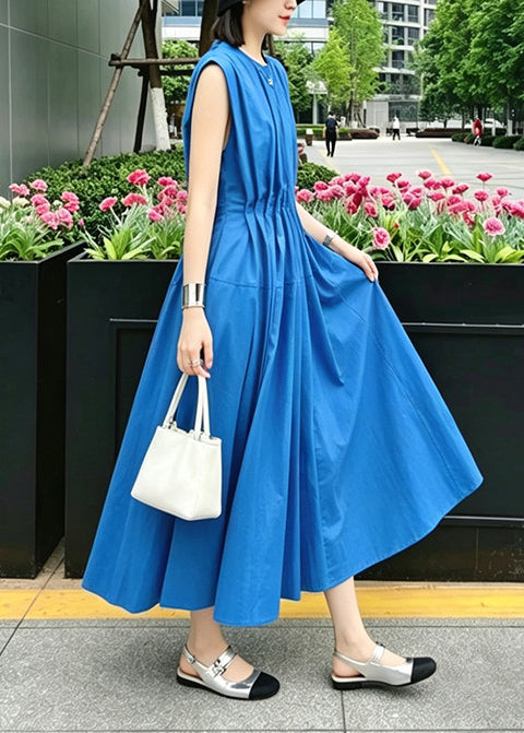 Loose Klein Blue O-Neck Wrinkled Cotton Maxi Dresses Sleeveless