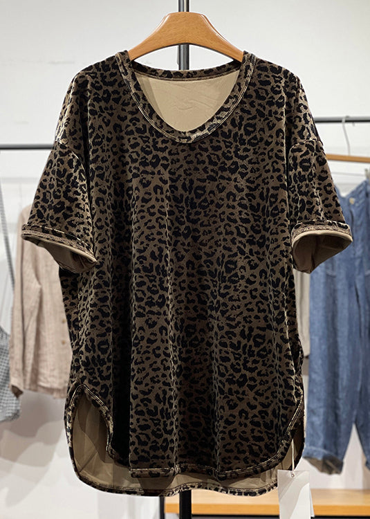 Loose Leopard O Neck Side Open Silk Velour T Shirt Summer