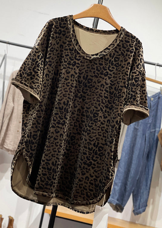 Loose Leopard O Neck Side Open Silk Velour T Shirt Summer