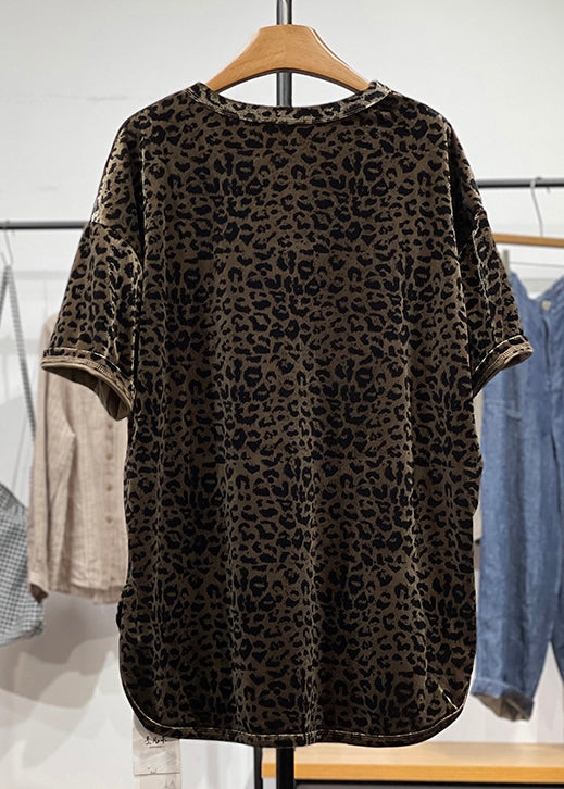 Loose Leopard O Neck Side Open Silk Velour T Shirt Summer