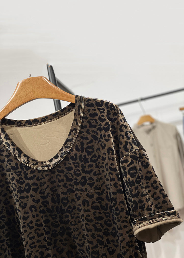 Loose Leopard O Neck Side Open Silk Velour T Shirt Summer