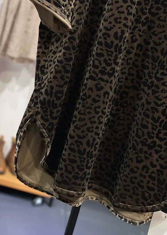 Loose Leopard O Neck Side Open Silk Velour T Shirt Summer