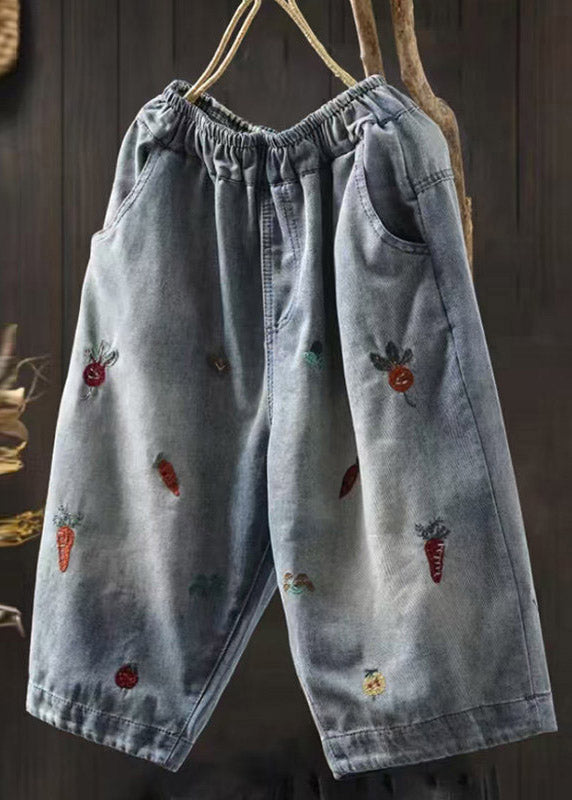 Loose Light Blue Embroidered Patchwork Crop Jeans Summer