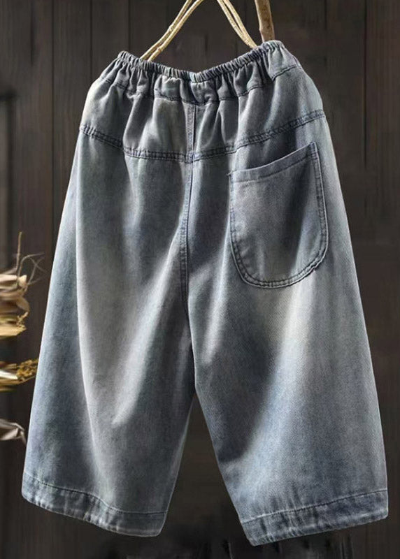 Loose Light Blue Embroidered Patchwork Crop Jeans Summer