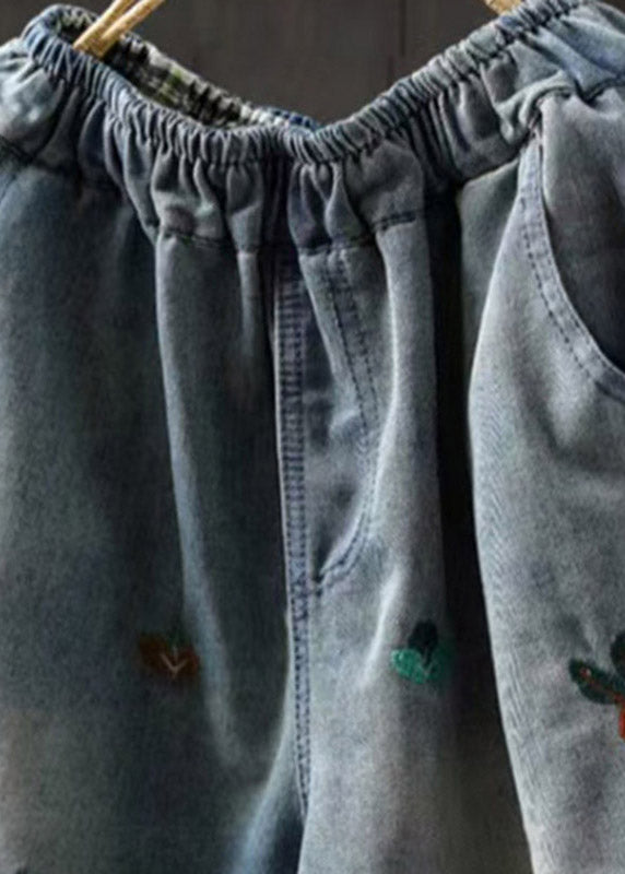 Loose Light Blue Embroidered Patchwork Crop Jeans Summer