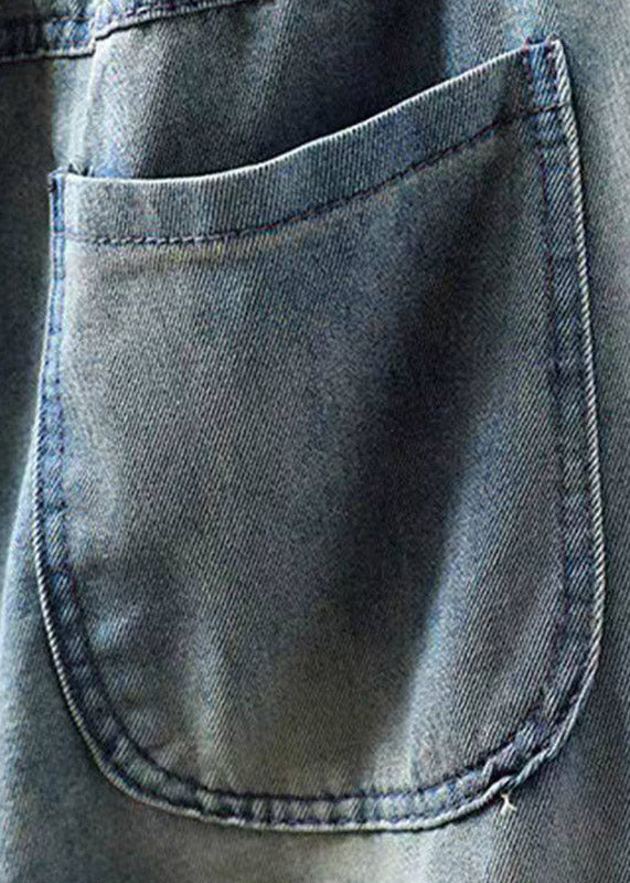 Loose Light Blue Embroidered Patchwork Crop Jeans Summer