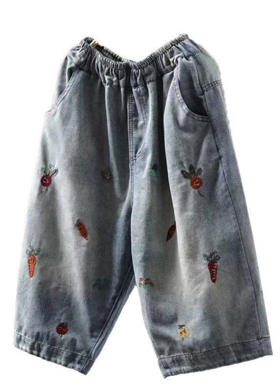 Loose Light Blue Embroidered Patchwork Crop Jeans Summer