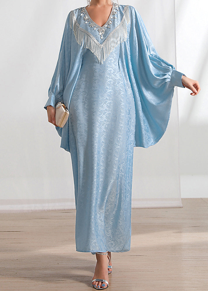 Loose Light Blue Tasseled Zircon Silk Long Dresses Batwing Sleeve