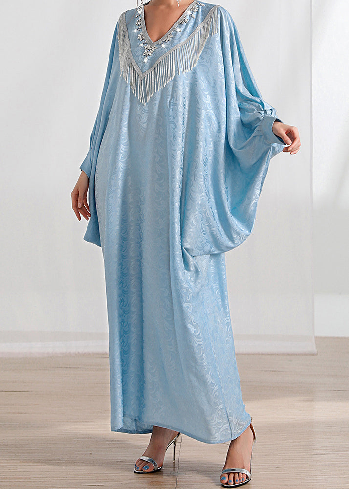 Loose Light Blue Tasseled Zircon Silk Long Dresses Batwing Sleeve