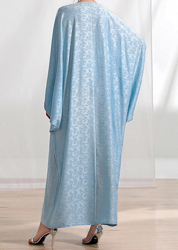 Loose Light Blue Tasseled Zircon Silk Long Dresses Batwing Sleeve