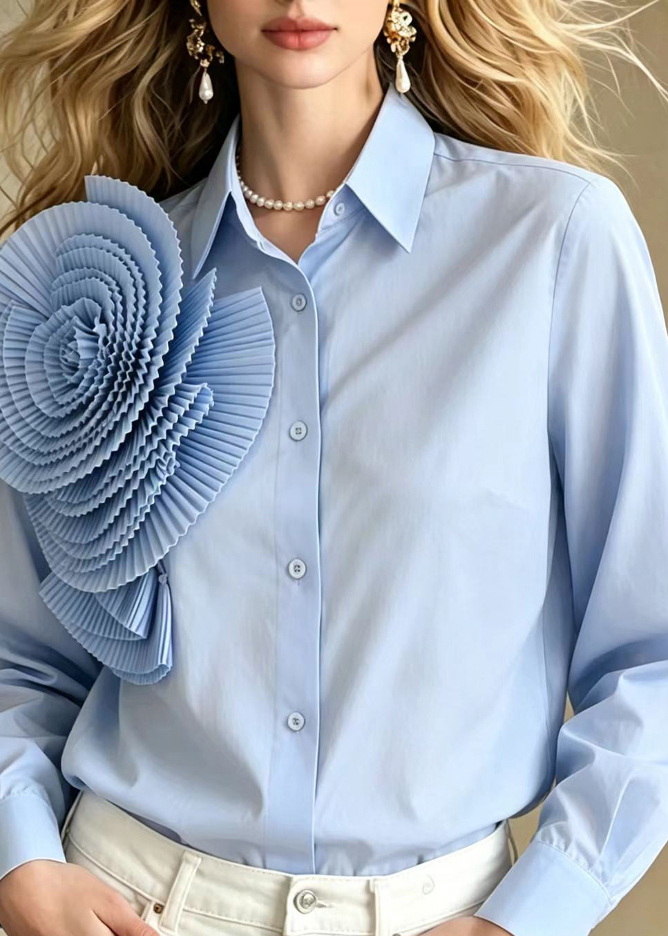 Loose Light Blue Turn-Down Collar Stereoscopic Large Floral Shirt Long sleeve