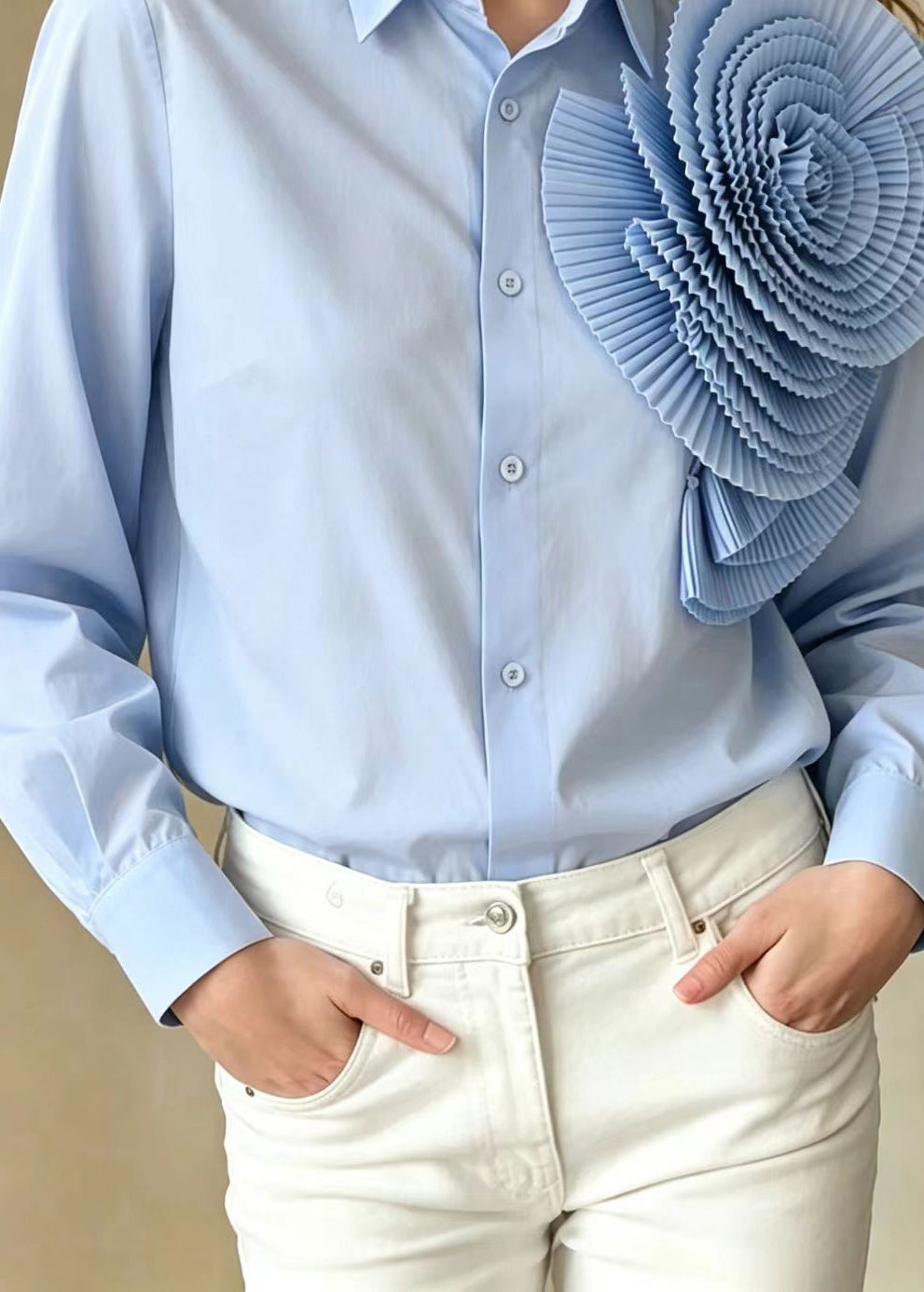 Loose Light Blue Turn-Down Collar Stereoscopic Large Floral Shirt Long sleeve
