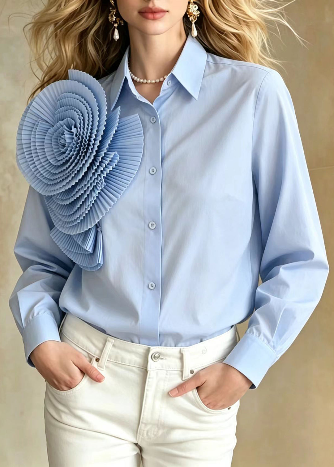 Loose Light Blue Turn-Down Collar Stereoscopic Large Floral Shirt Long sleeve
