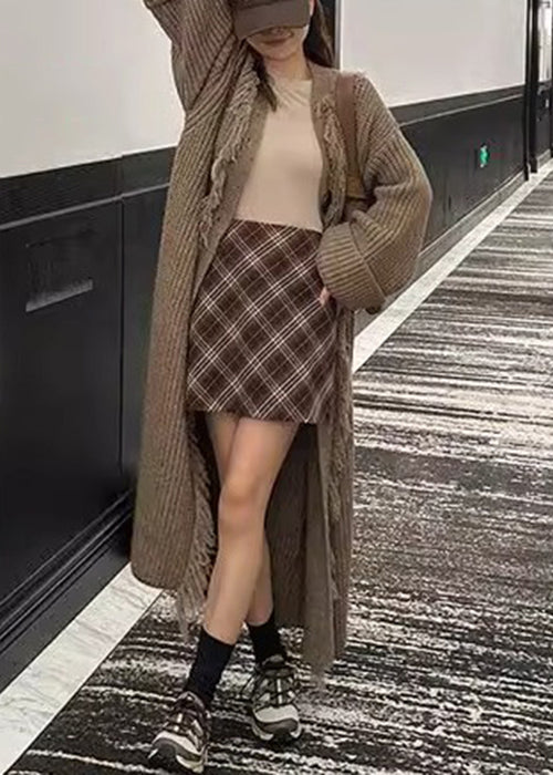 Loose Light Brown V Neck Button Tasseled Knit Long Coat Winter