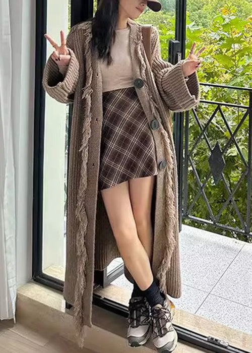 Loose Light Brown V Neck Button Tasseled Knit Long Coat Winter
