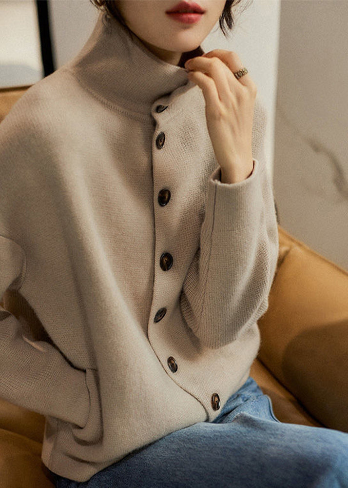 Loose Light Camel Turtleneck Button Thick Knit Sweaters Long Sleeve