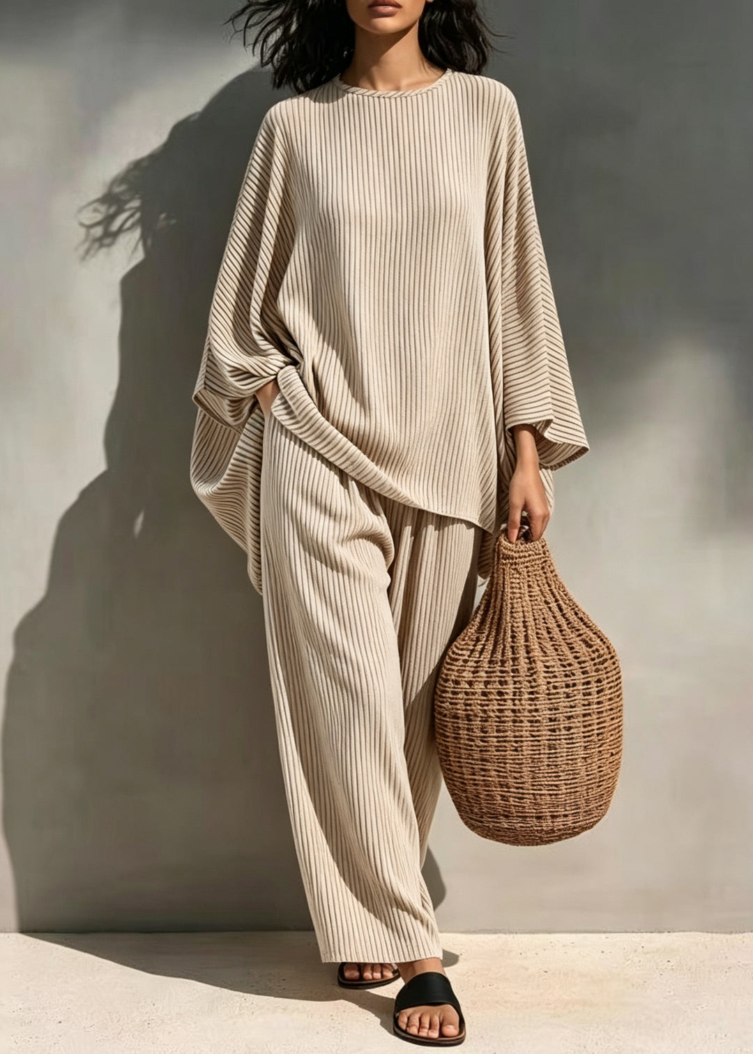 Loose Light Coffee O Neck Striped Cotton Pajamas Two Pieces Set Summer