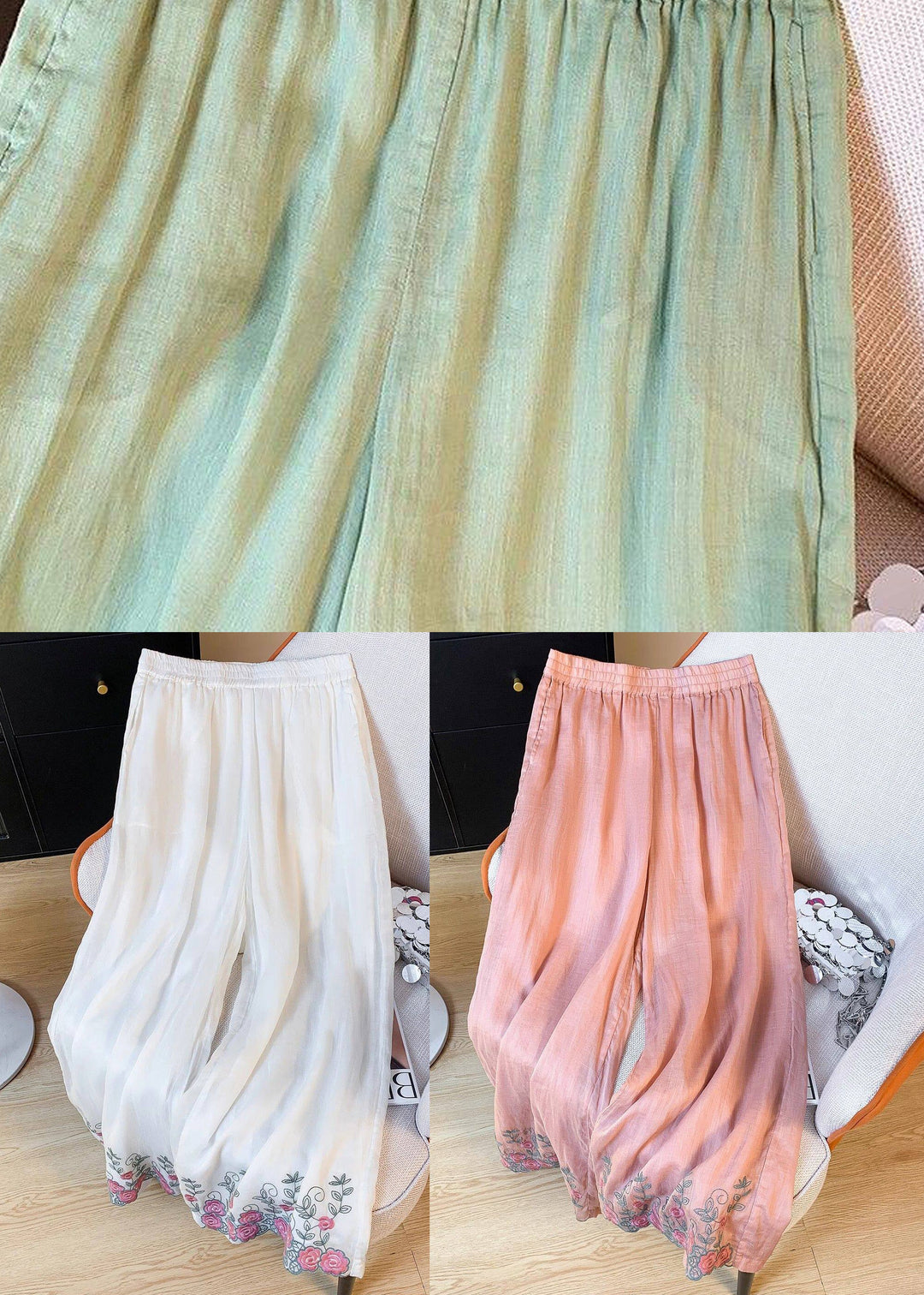Loose Light Green Embroidered Elastic Waist Silk Pants Summer