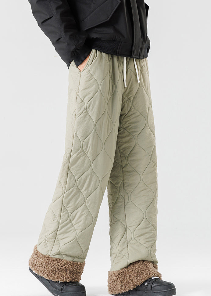 Loose Light Green Original Design Elastic Waist Patchwork Warm Fleece Pants Winter