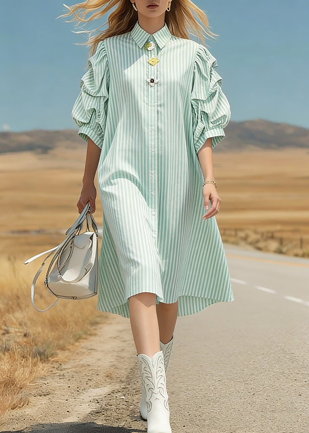 Loose Light Green Peter Pan Collar Striped Patchwork Low High Design Long Dresses Half Sleeve