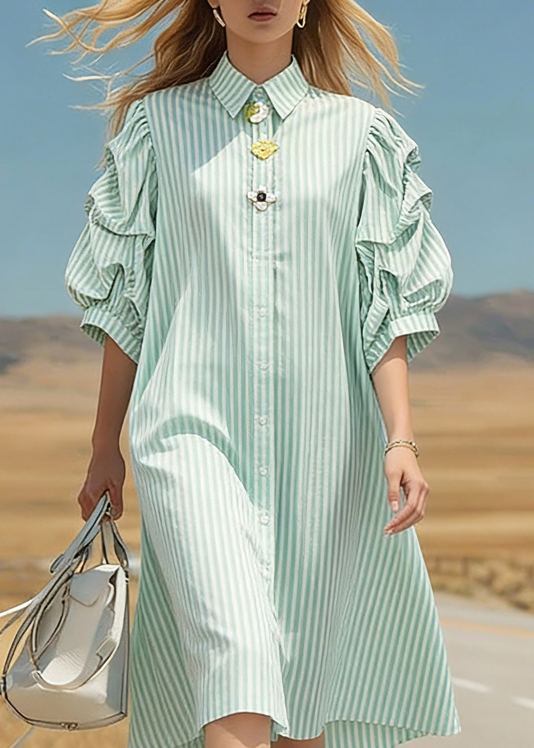 Loose Light Green Peter Pan Collar Striped Patchwork Low High Design Long Dresses Half Sleeve