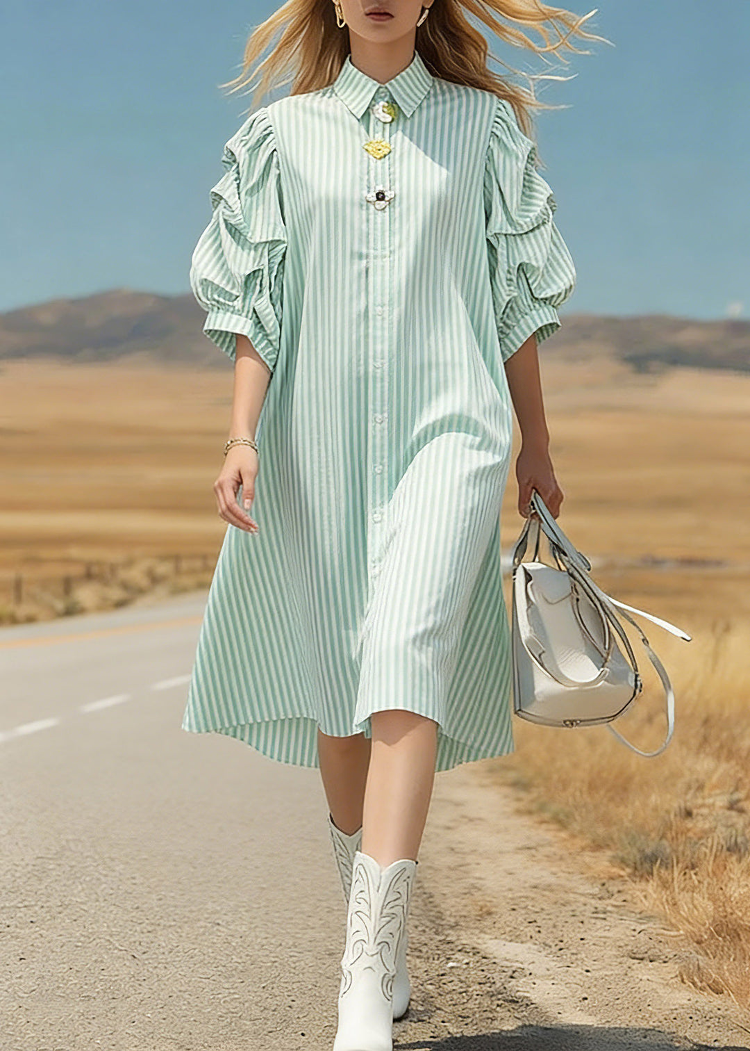 Loose Light Green Peter Pan Collar Striped Patchwork Low High Design Long Dresses Half Sleeve