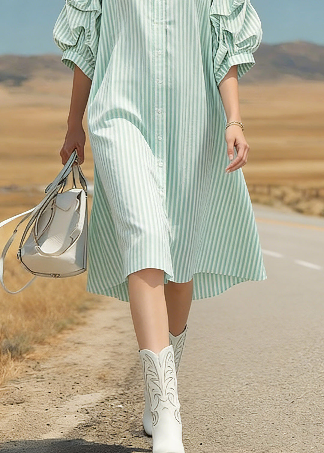 Loose Light Green Peter Pan Collar Striped Patchwork Low High Design Long Dresses Half Sleeve