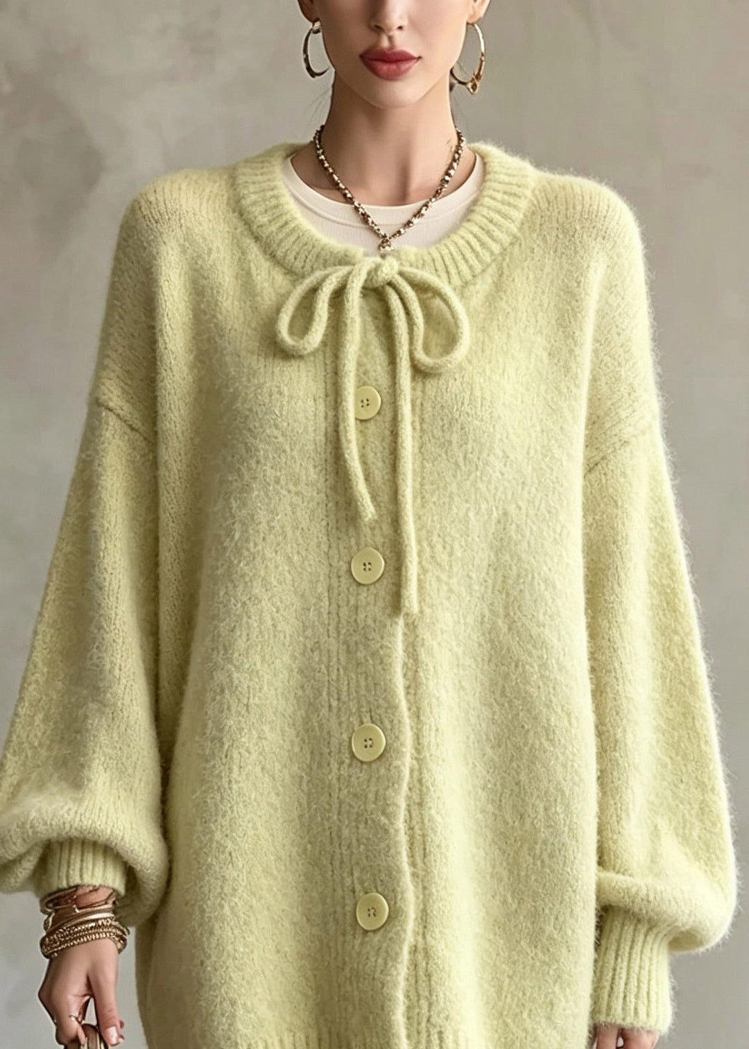 Loose Light Green Tie Lace Solid Cotton Knit Cardigan Fall