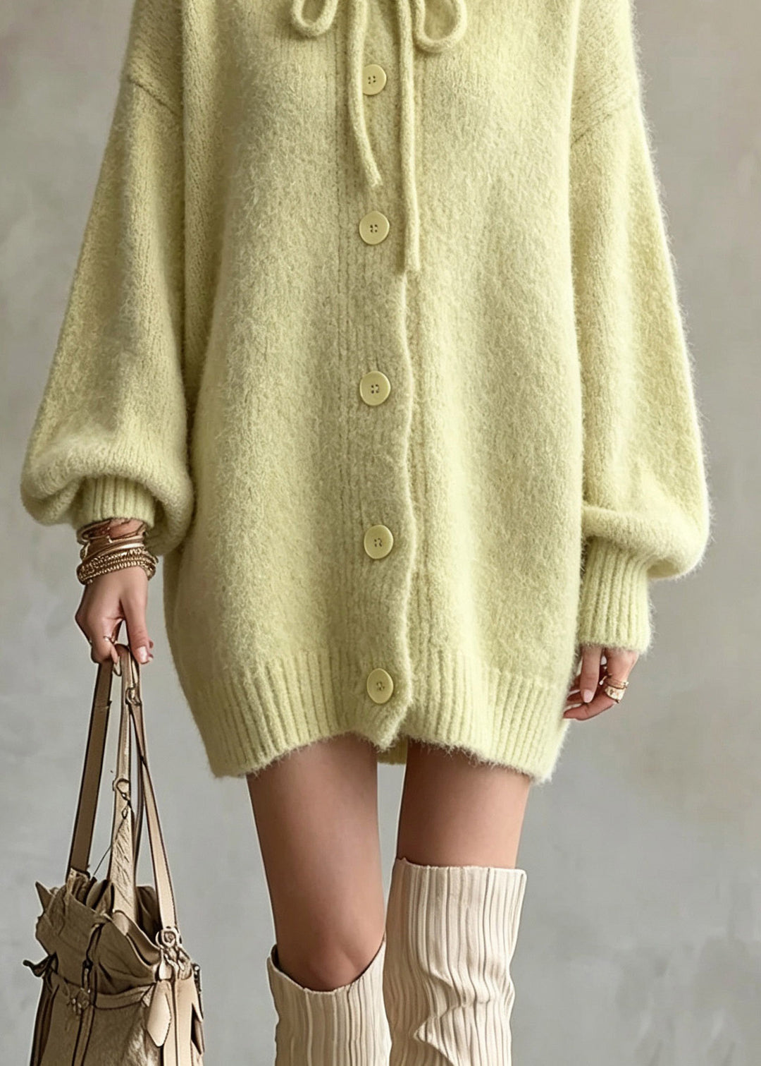 Loose Light Green Tie Lace Solid Cotton Knit Cardigan Fall