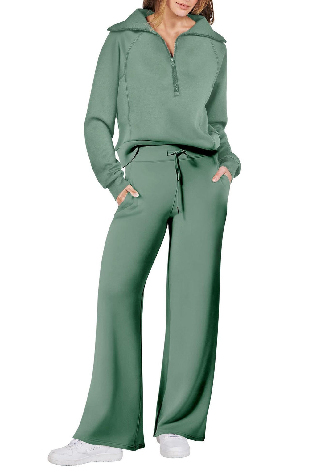 Loose Light Green Zip Up Solid Tops And Wide Leg Pants Cotton Two Pieces Set Spring