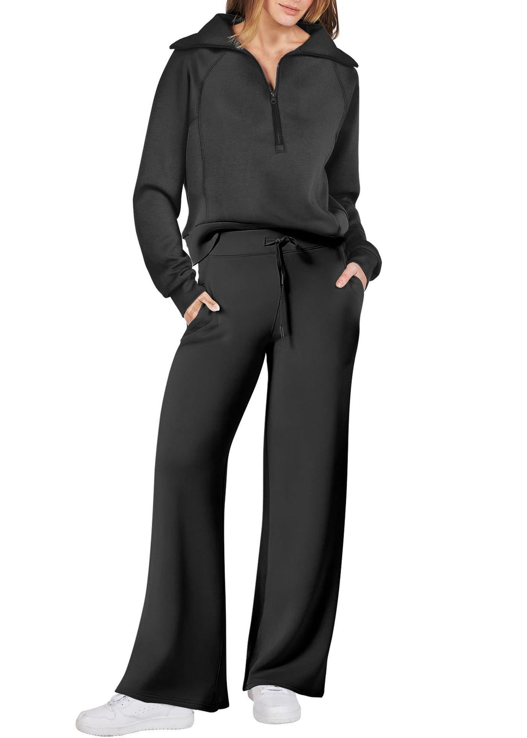 Loose Light Green Zip Up Solid Tops And Wide Leg Pants Cotton Two Pieces Set Spring