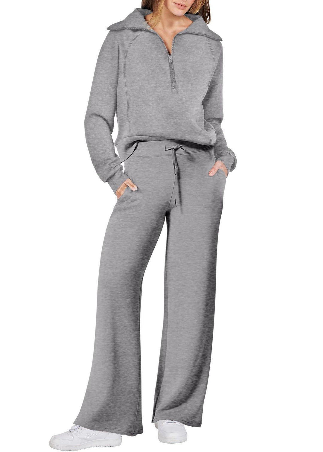 Loose Light Green Zip Up Solid Tops And Wide Leg Pants Cotton Two Pieces Set Spring