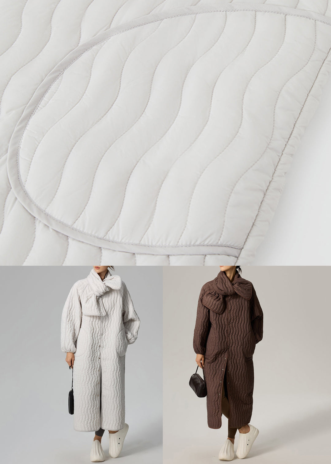 Loose Light Grey Button Scarf And Long Parka Cotton Filled Two Pieces Set Winter